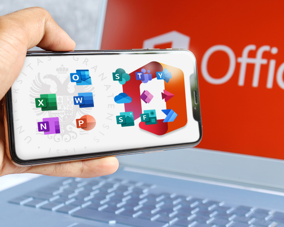 Composición móvil con iconos de Office 364 sobre un portátil
