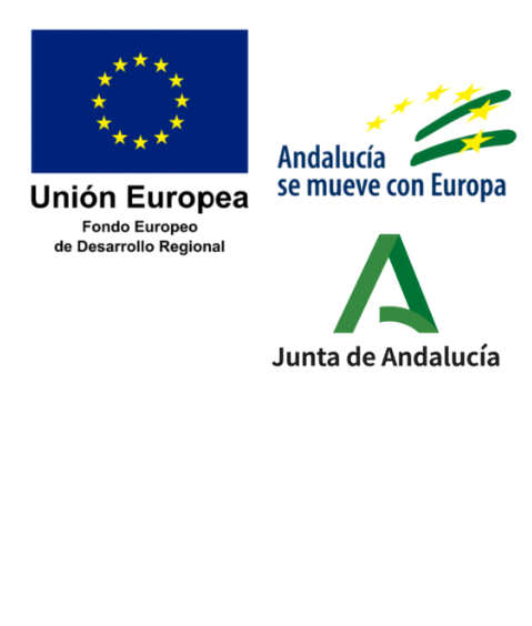Bandera de la Unión Europea, logo Junta de Andalucía y logo Andalucía se mueve con Europa