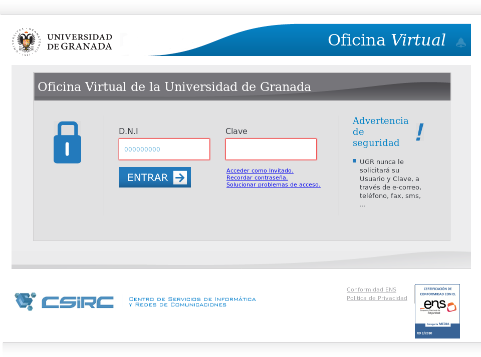 Captura de pantalla de la página de acceso a Oficina Virtual UGR