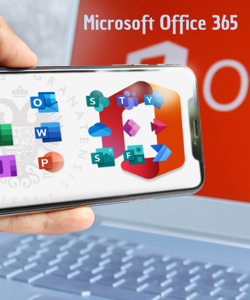 Composición de iconos Microsoft en un móvil con un portátil de fondo
