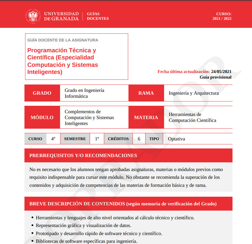 Texto con una tabla con las asignaturas impartidas por un profesor