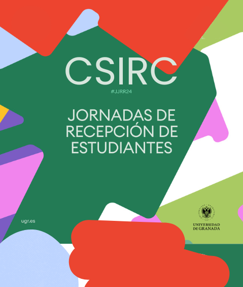 Cartel con colores rojos, verdes y rosas de formas variadas y las palabras: Jornadas de Recepción de Estudiantes y CSIRC