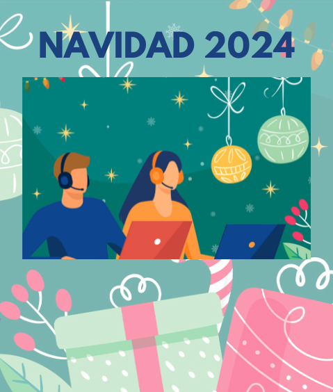 Dibujo con adornos navideños y dos personas con un portátil atendiendo llamadas