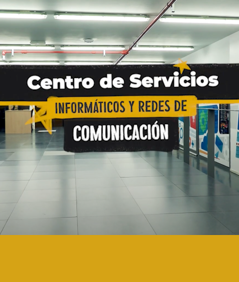 Las palabras Centro de Servicios Informáticos y Redes de Comunicación y de fondo la imagen de una sala