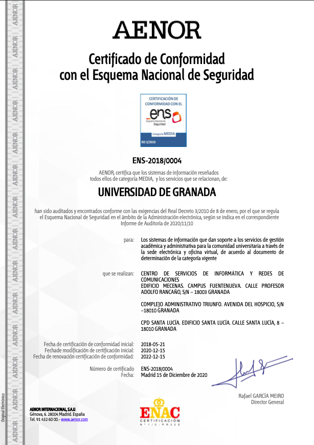 Imagen del Certificado de Conformidad con el Esquema Nacional de Seguridad