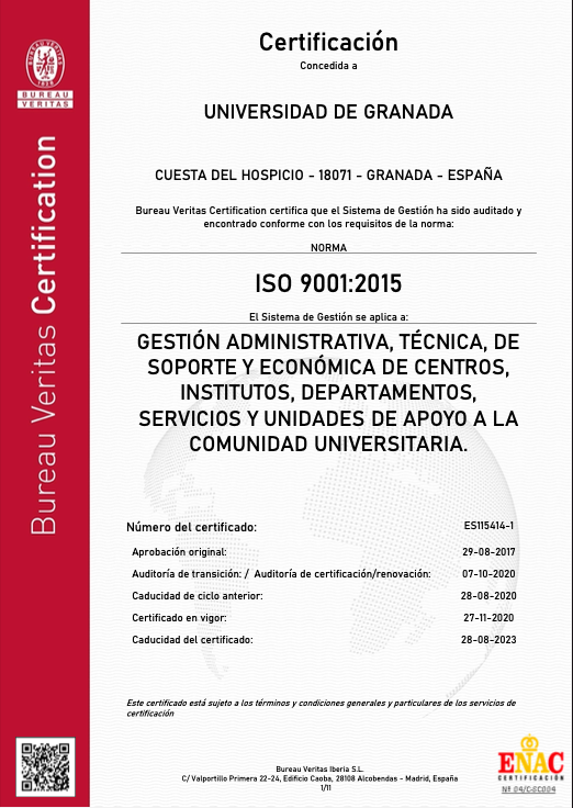 Imagen de la portada del Certificado ISO 9001:2015 de la Universidad de Granada