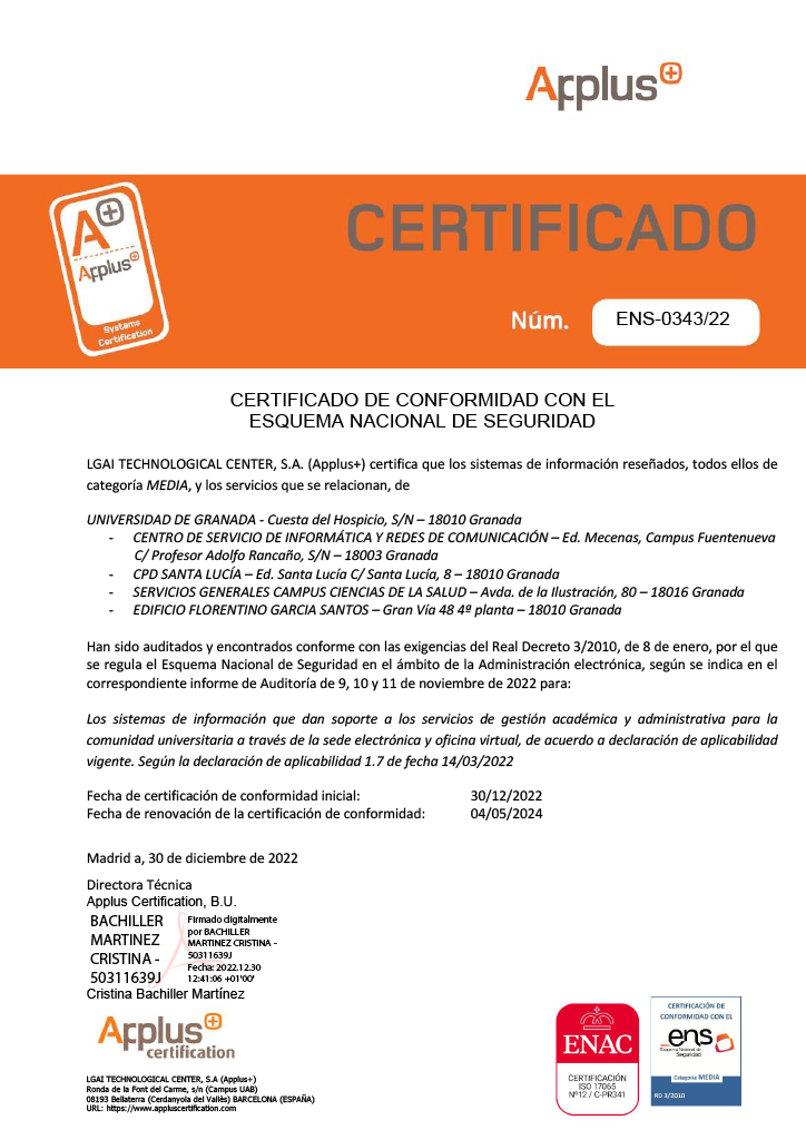 Certificado ENS de la UGR para el periodo 2022-2024