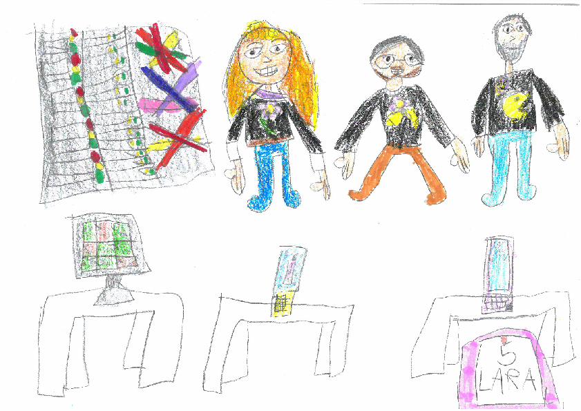 Dibujo infantil de personas y ordenadores