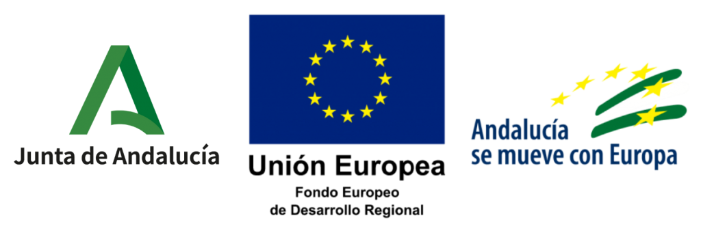Bandera de la Unión Europea, logo Junta de Andalucía y logo Andalucía se mueve con Europa