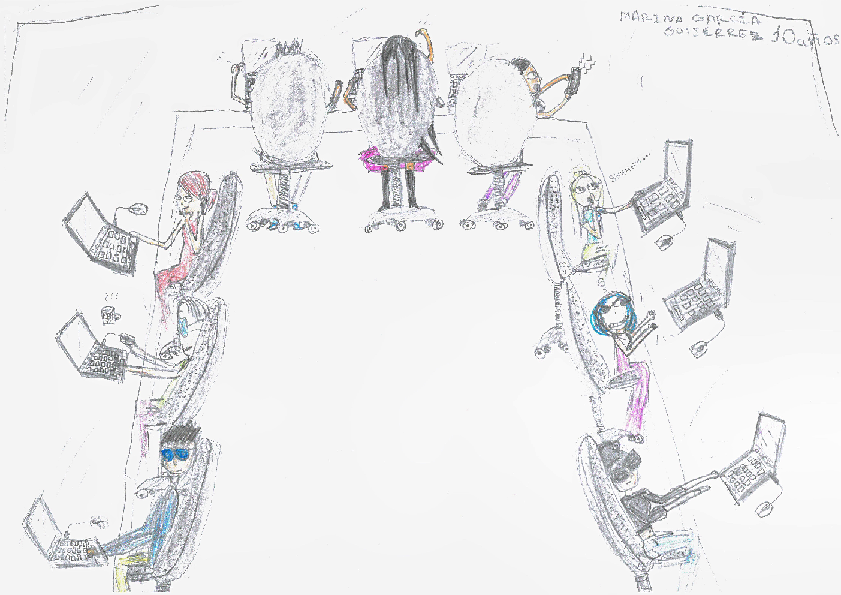 Dibujo infantil de personas trabajando con ordenadores