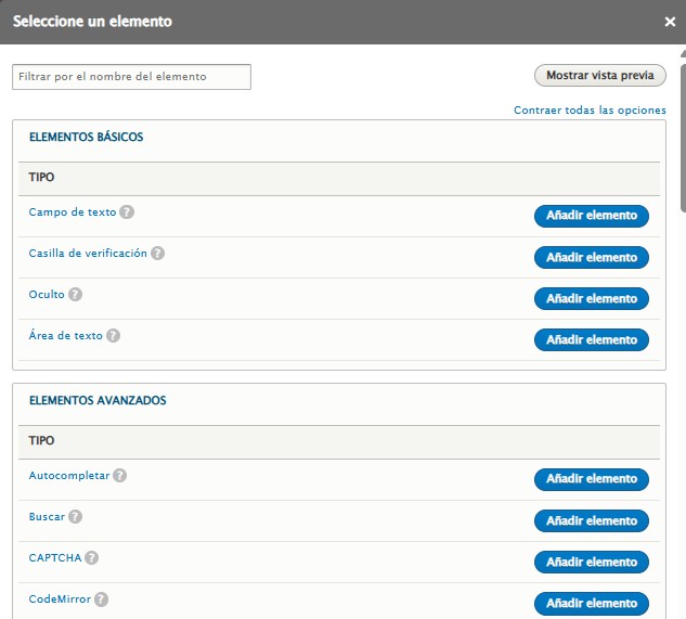Imagen que muestra algunos de los elementos disponibles para formar un formulario