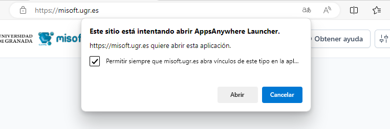 pregunta para aceptar que se abra AppsAnywhere Launcher