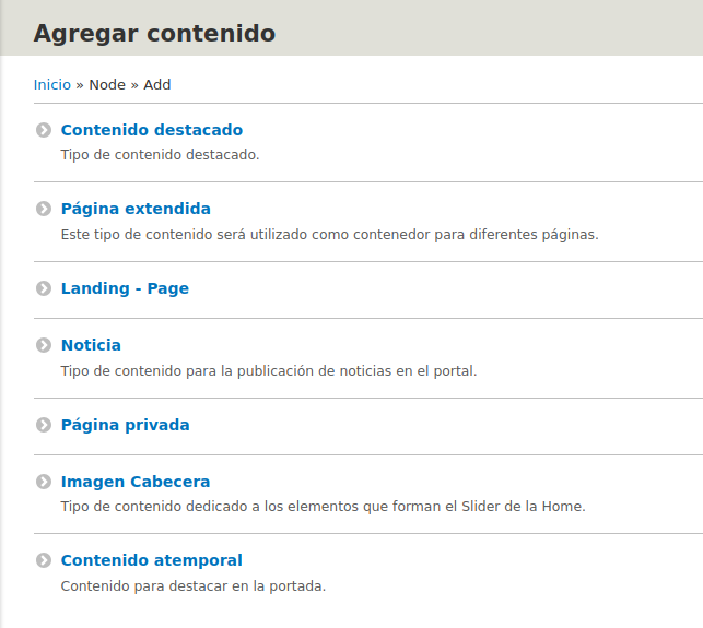 Página de selección del contenido que se desea crear