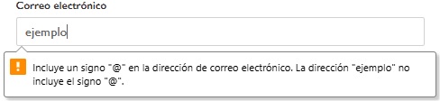 Mensaje de error ante un correo que no sigue la estructura correspondiente