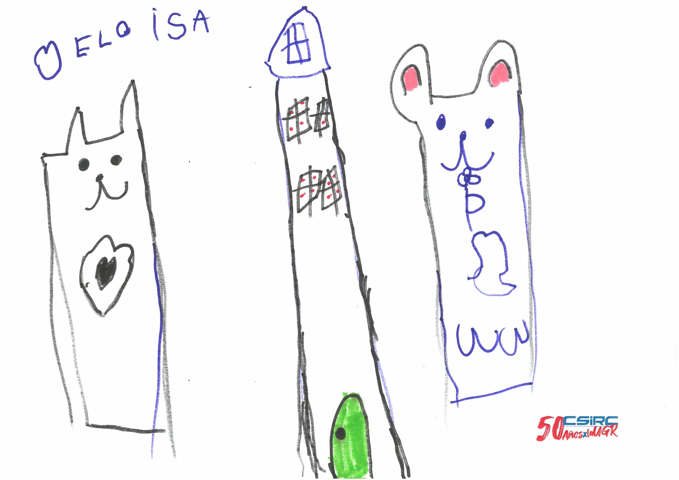 Dibujo infantil  con dos animalitos y una casa