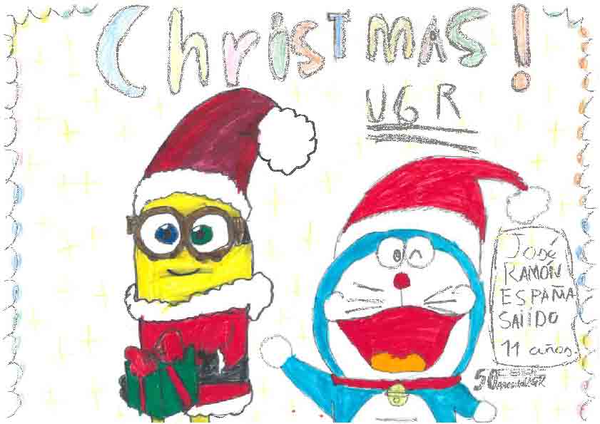 Dibujo infantil de felicitación navideña con dos personajes de dibujos animados.