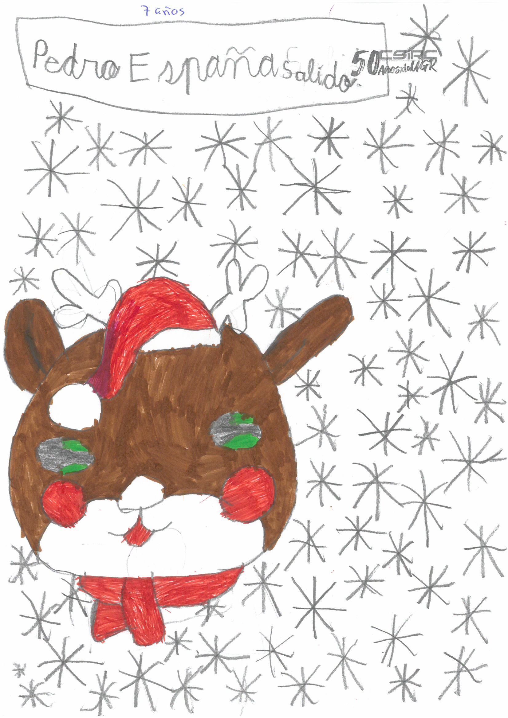 Dibujo infantil de un reno con fondo estrellado