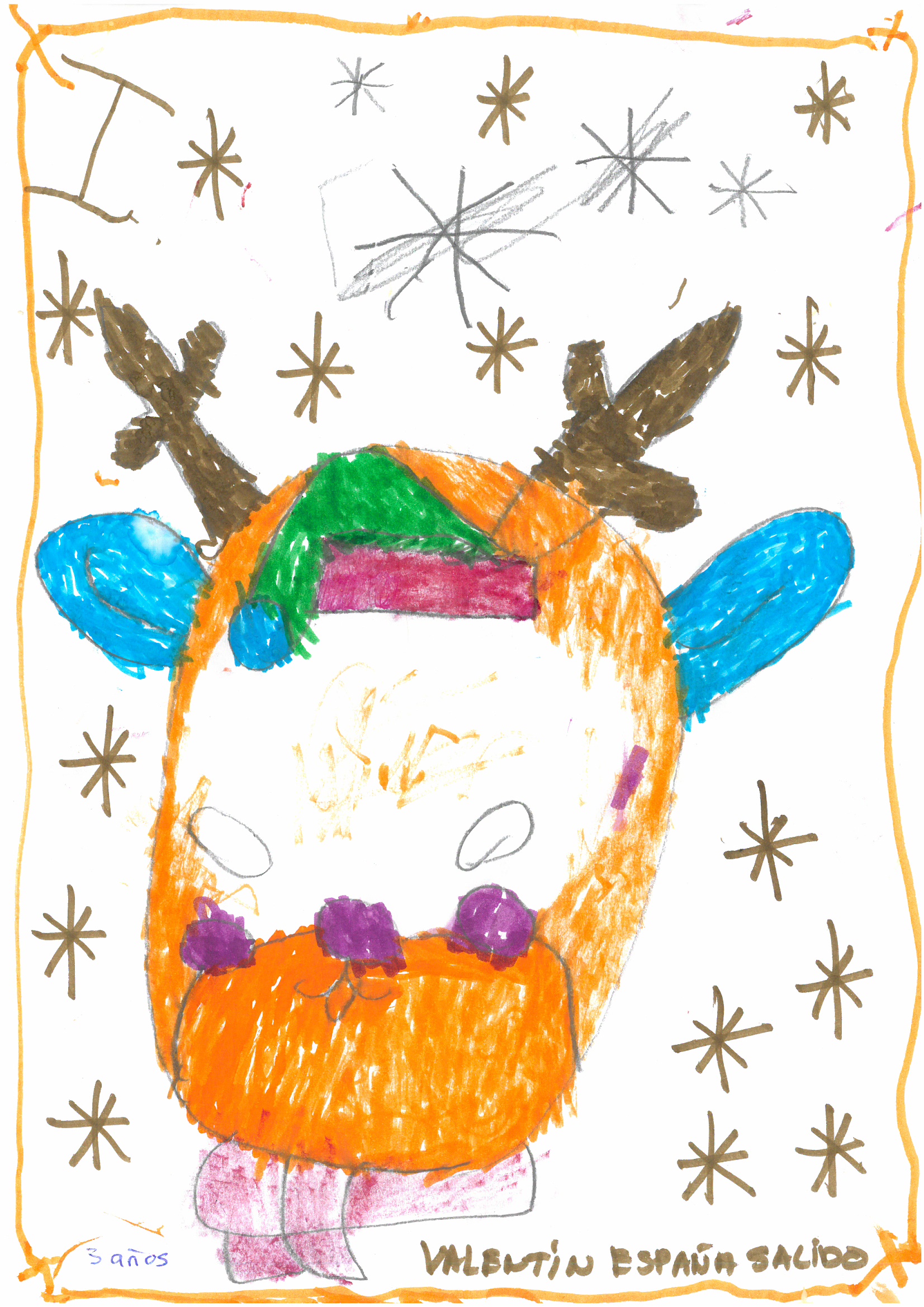 Dibujo infantil de un reno con fondo estrellado 