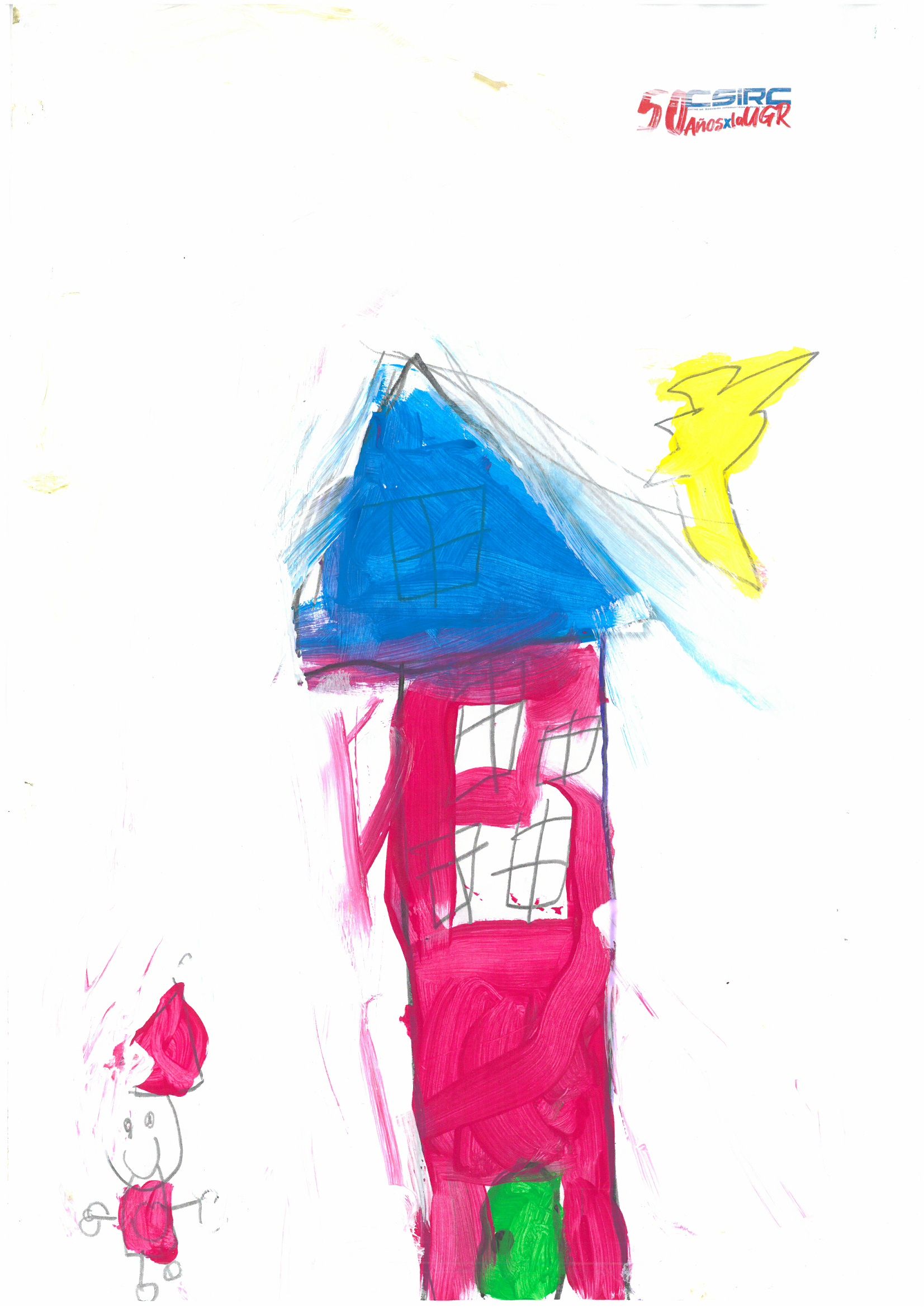 Dibujo infantil con una casa, un sol y una figura
