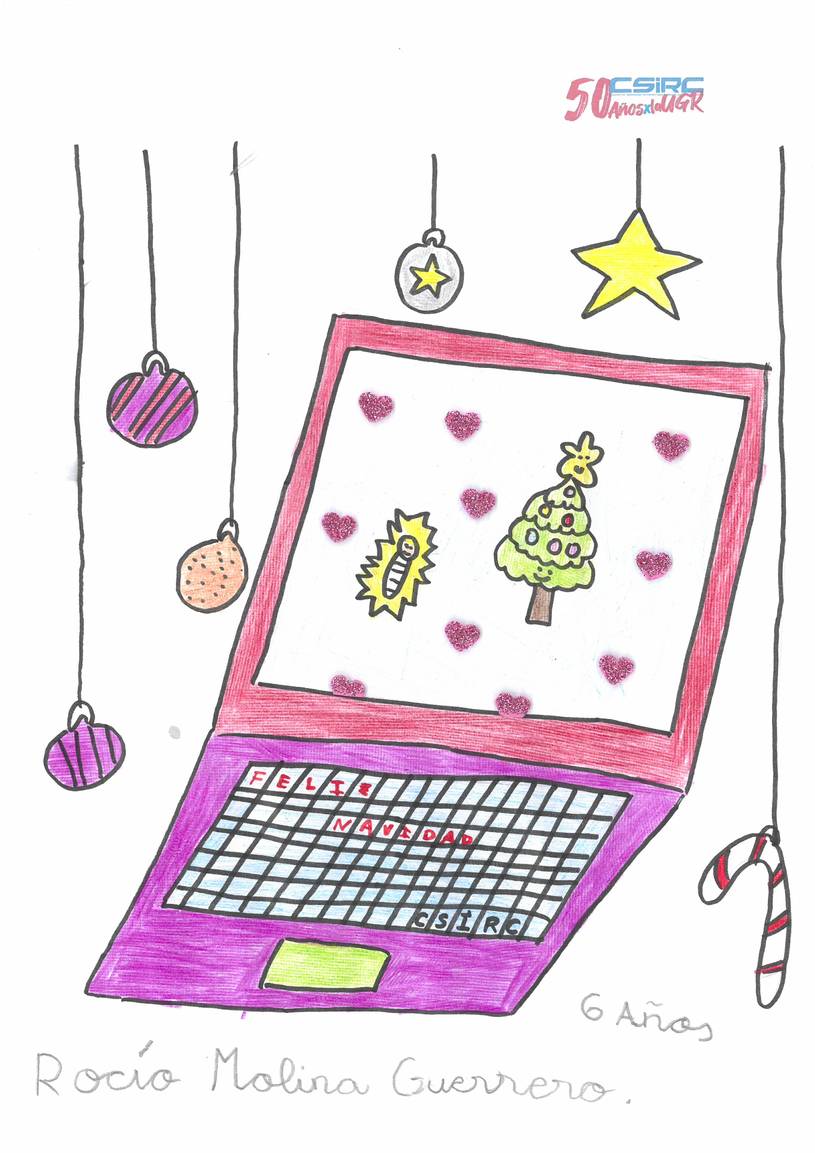 Dibujo infantil de un portátil con motivos navideños