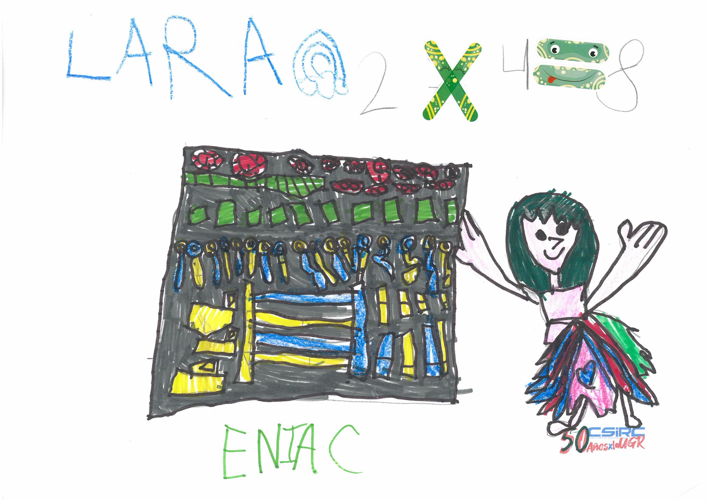 Dibujo infantil del ordenador ENIAC y una figura
