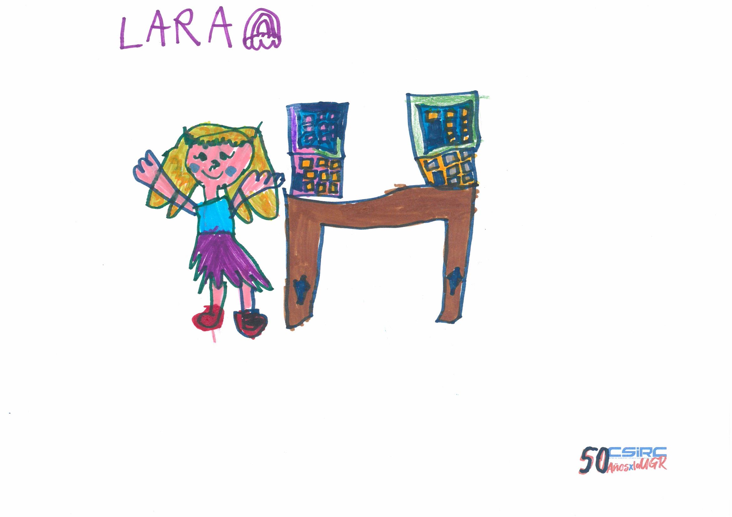 Dibujo infantil de una niña con una mesa con dos ordenadores