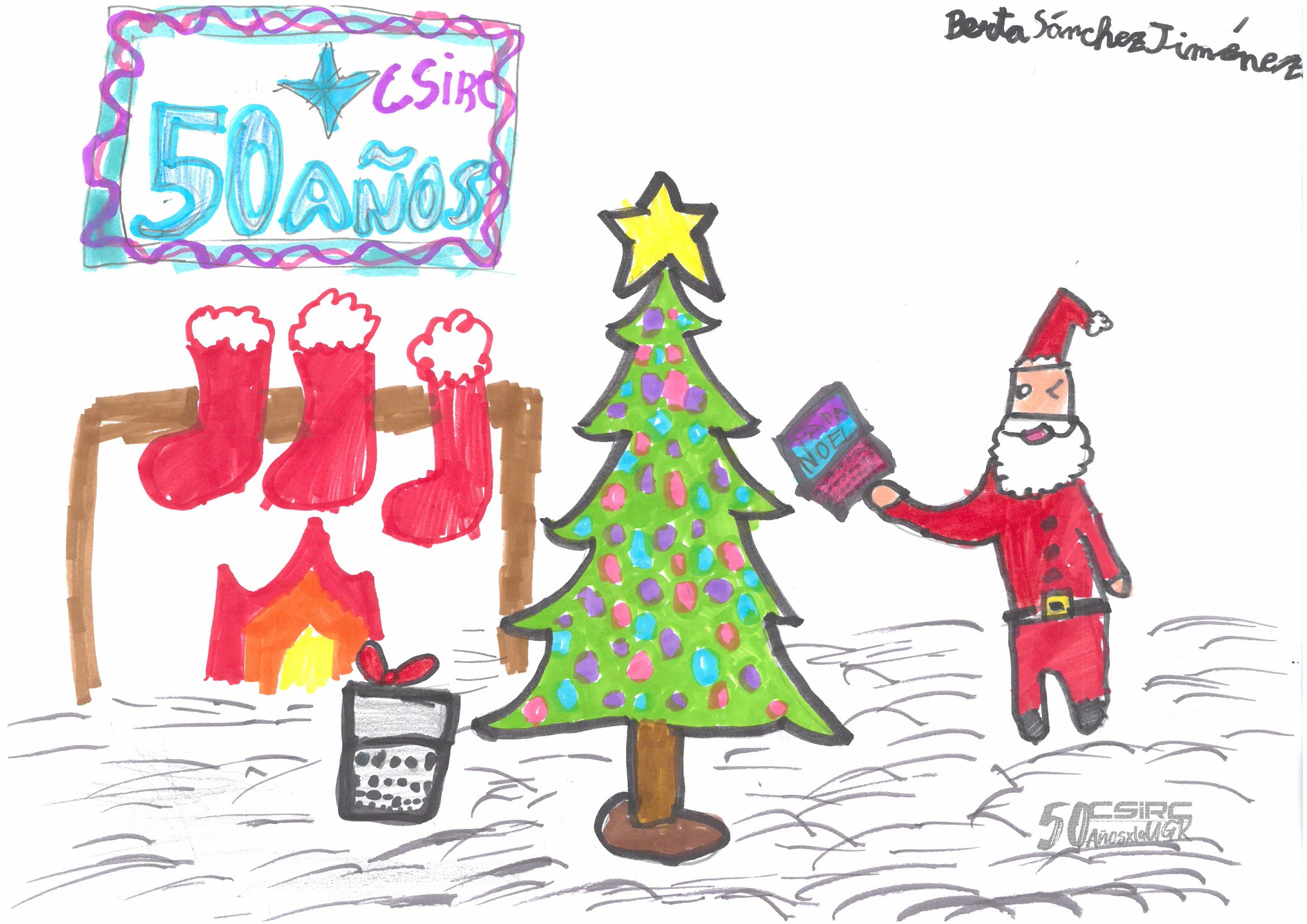 Dibujo infantil de Papa Noel, árbol de Navidad y chimenea