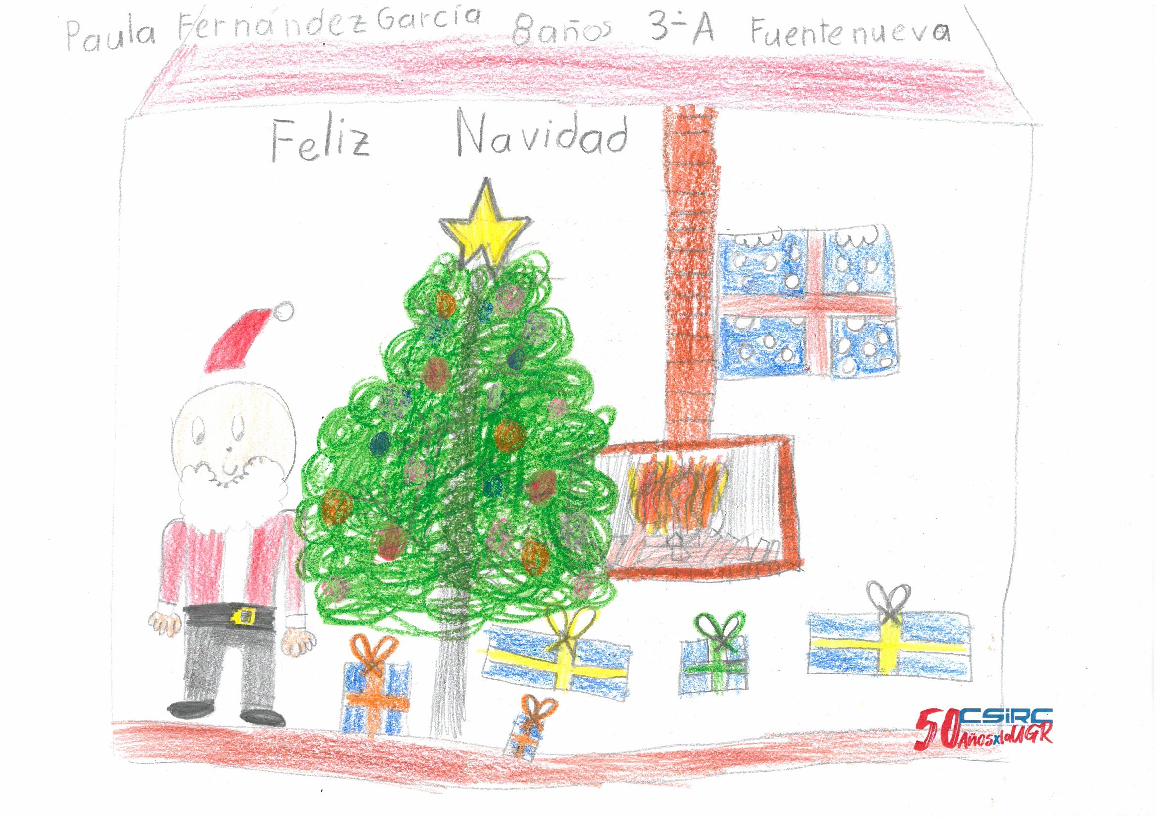 Dibujo infantil de Papa Noel, árbol de Navidad, regalos y chimenea