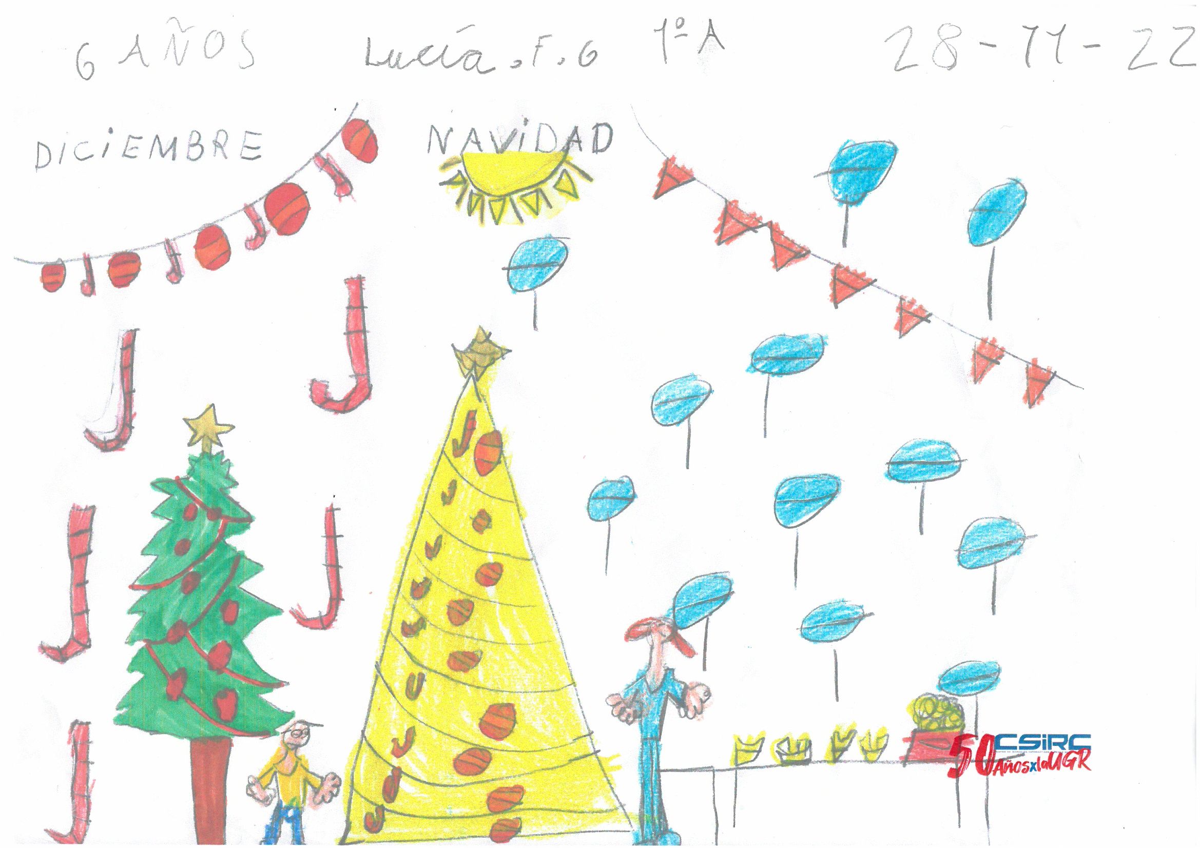 Dibujo infantil con motivos navideños, dos árboles y dos figuras