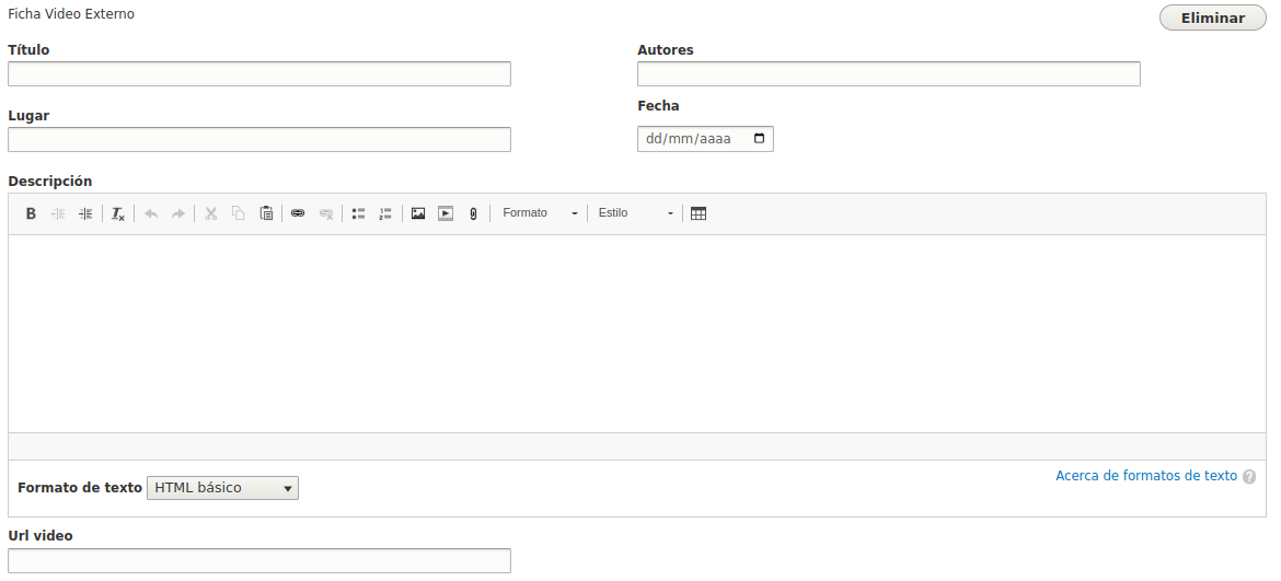 Formulario para la inserción de una ficha de vídeo externo