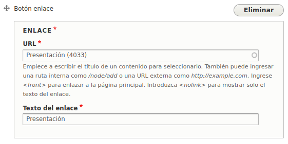 Formulario de creación de un botón enlace