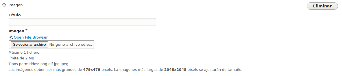 Formulario de creación de un bloque imagen