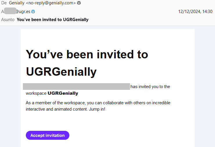 correo electrónico recibido con la invitación a participar en UGRGenially