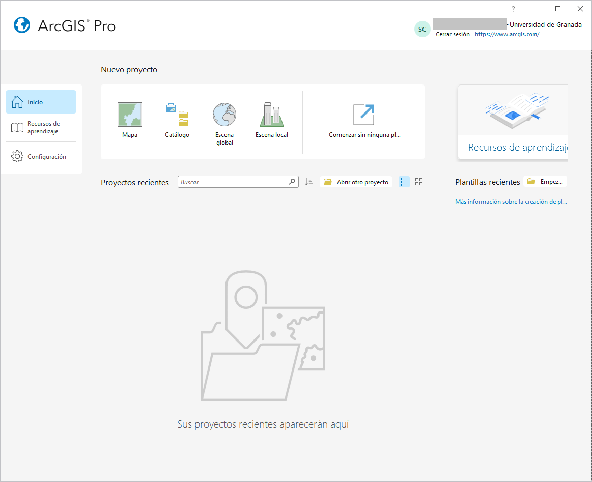 pantalla inicial arcgis con la sesión iniciada
