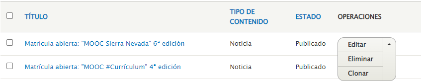 Menú de operaciones del contenido