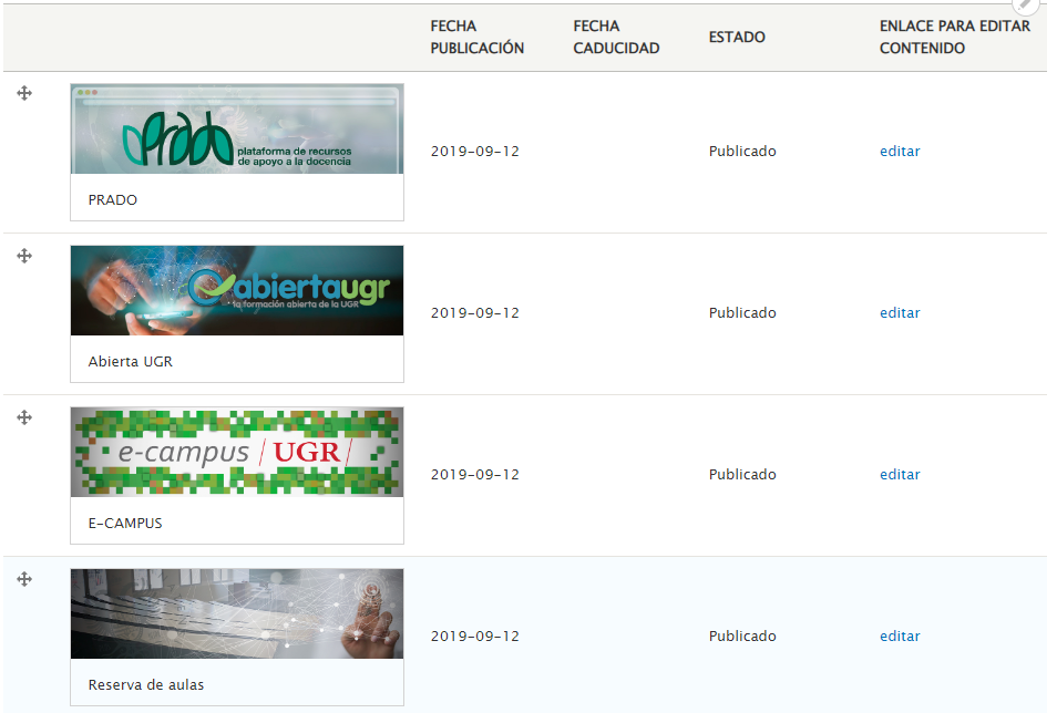 Página de ordenación de contenido