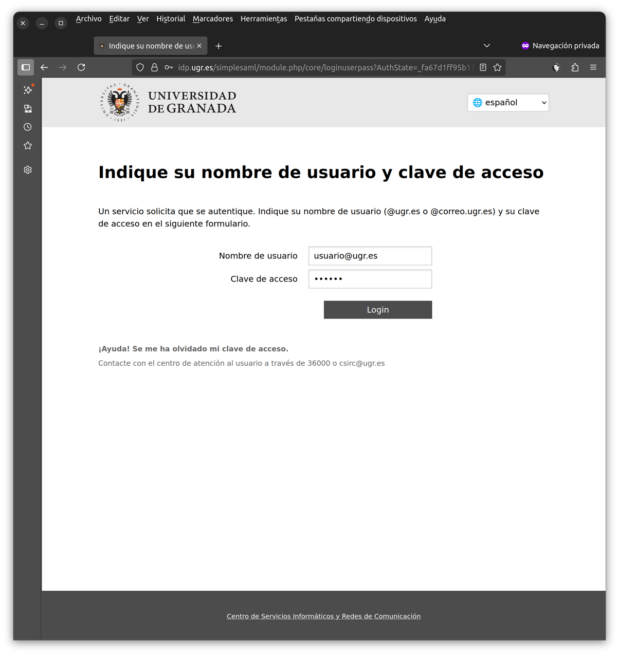 portal de identificación de SSO en UGR