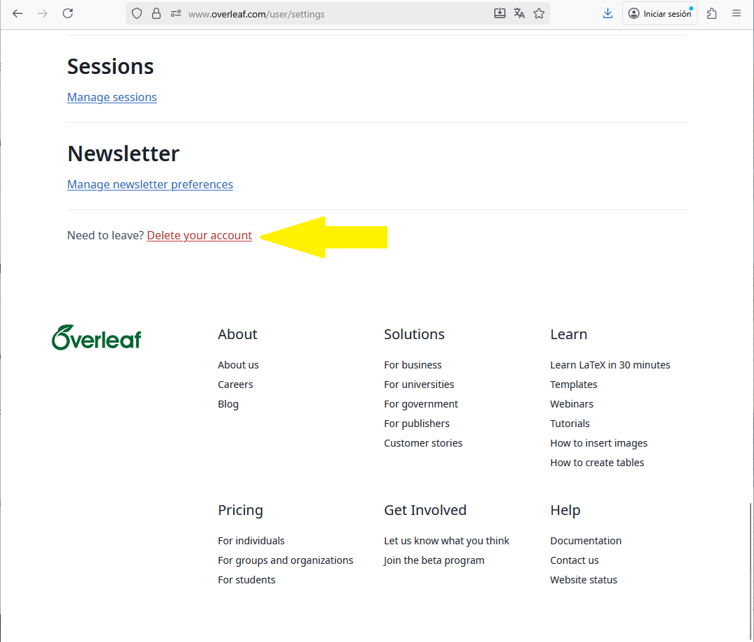 borrar cuenta overleaf