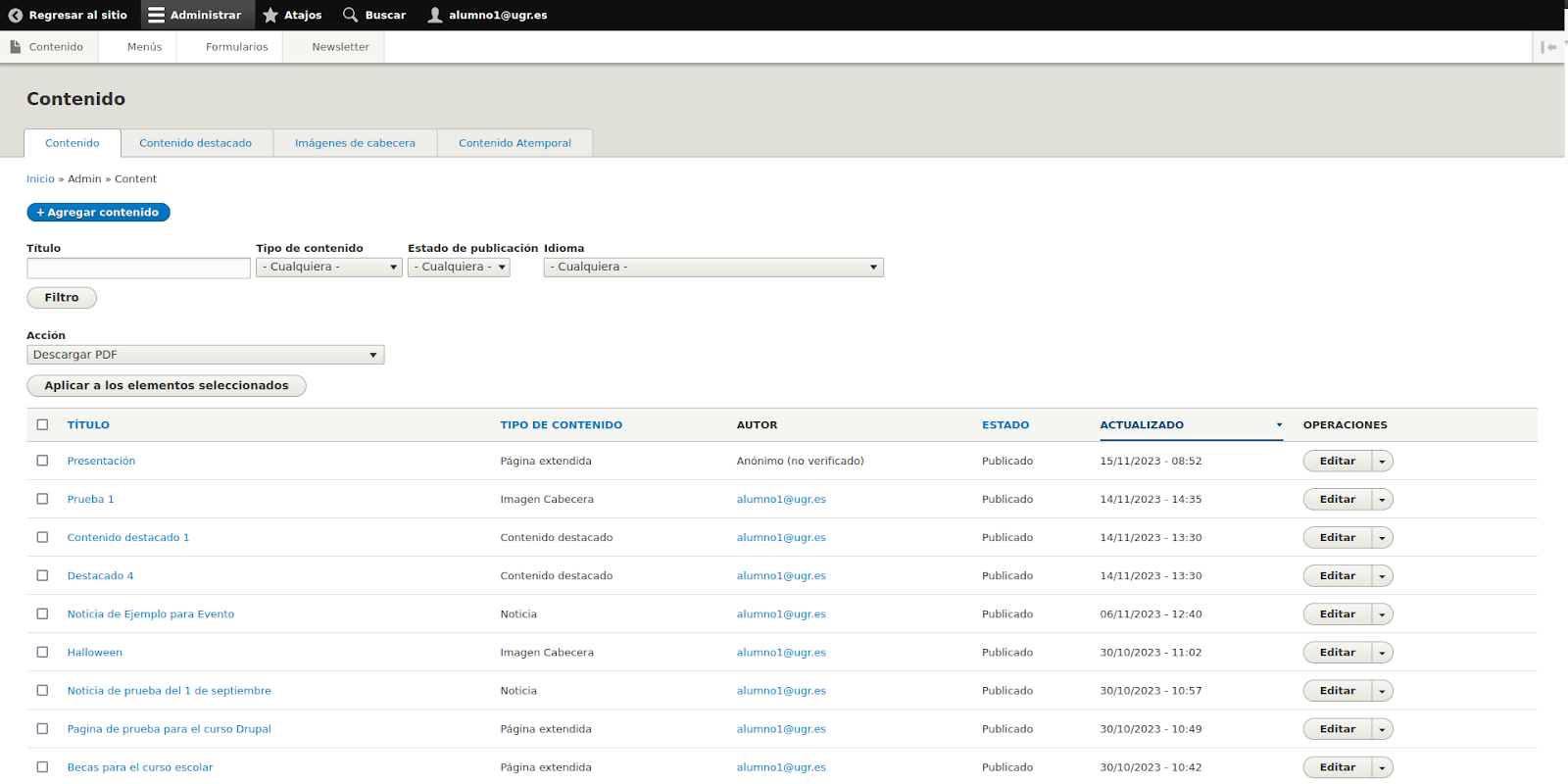 Página de gestión de contenidos