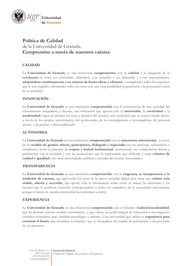 texto con los términos calidad, innovación, autonomía, transparencia, experiencia
