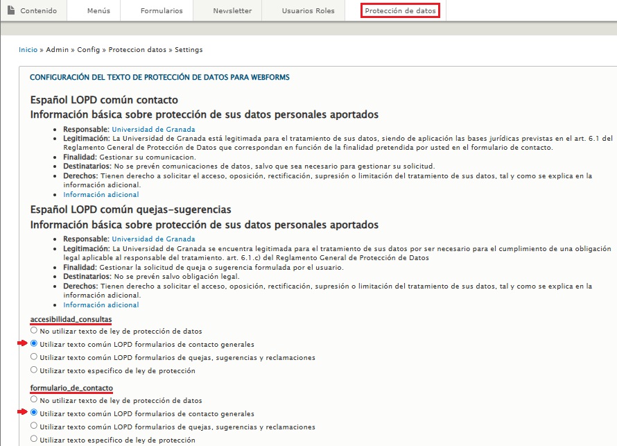 Ejemplo visual de como mostrar la Ley de protección de datos en un formulario concreto