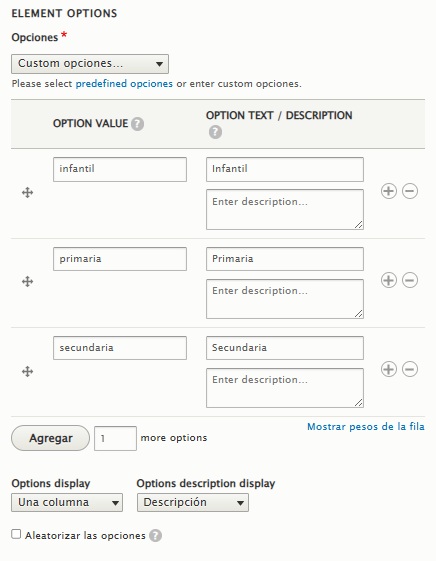 opciones de un campo Radios