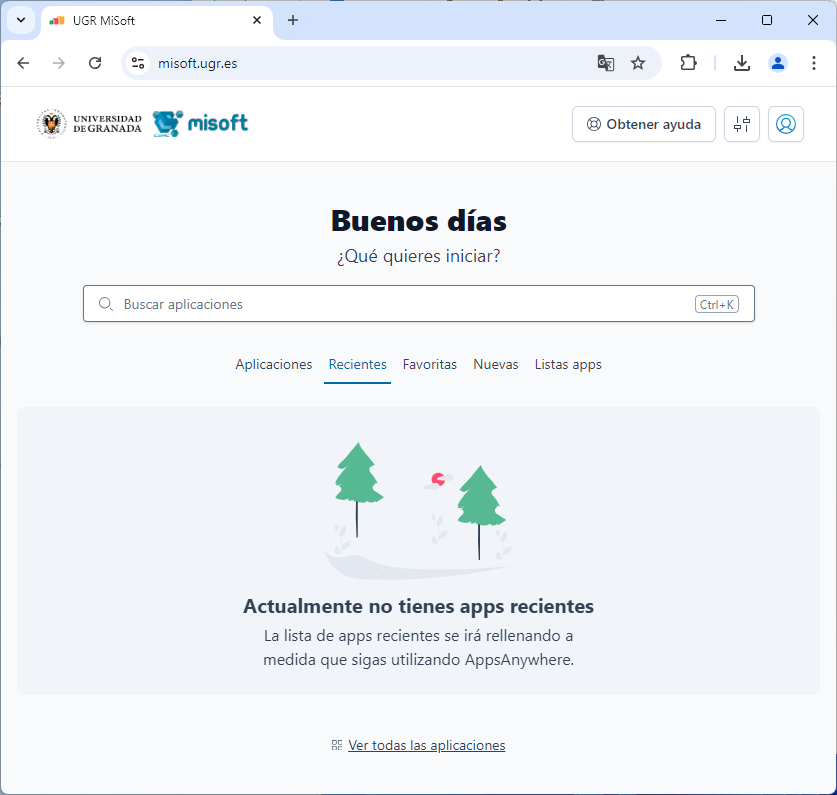 visión del portal sin aplicaciones recientes