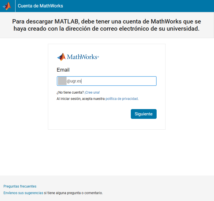 Pantalla de login en mathworks