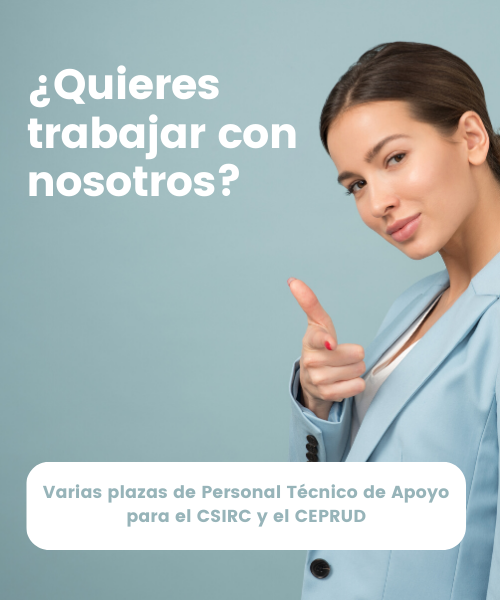 Ofertas de plazas de personal técnico de apoyo Fotografía de una mujer señalando al frente. Texto: ¿Quieres trabajar con nosotros?