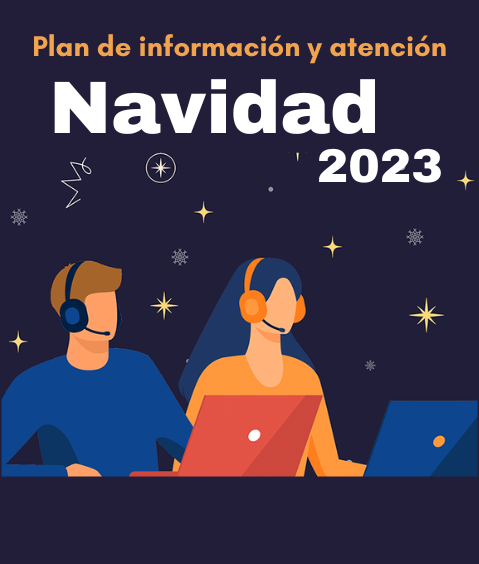 Atención CSIRC Navidad 2023 Dibujo de dos personas con un portátil atendiendo llamadas y motivos navideños