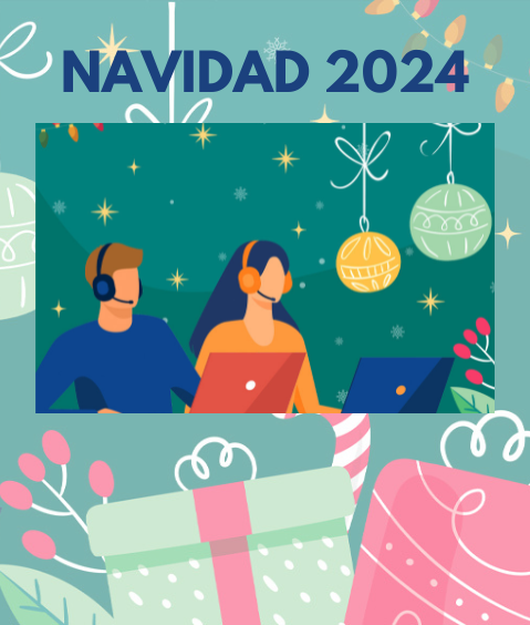 Atención CSIRC Navidad 2024 Dibujo con adornos navideños y dos personas con un portátil atendiendo llamadas