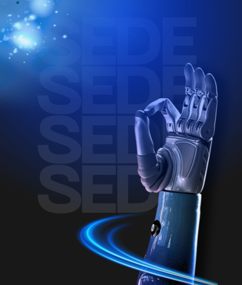 Imagen de un brazo de robot y con la palabra "sede" de fondo 